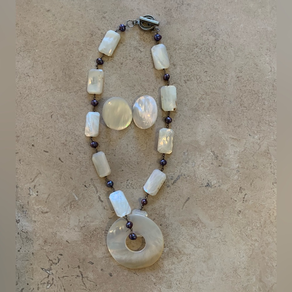Artisan Mother of Pearl Choker Necklace and Clip Earrings, circa early 2000’s